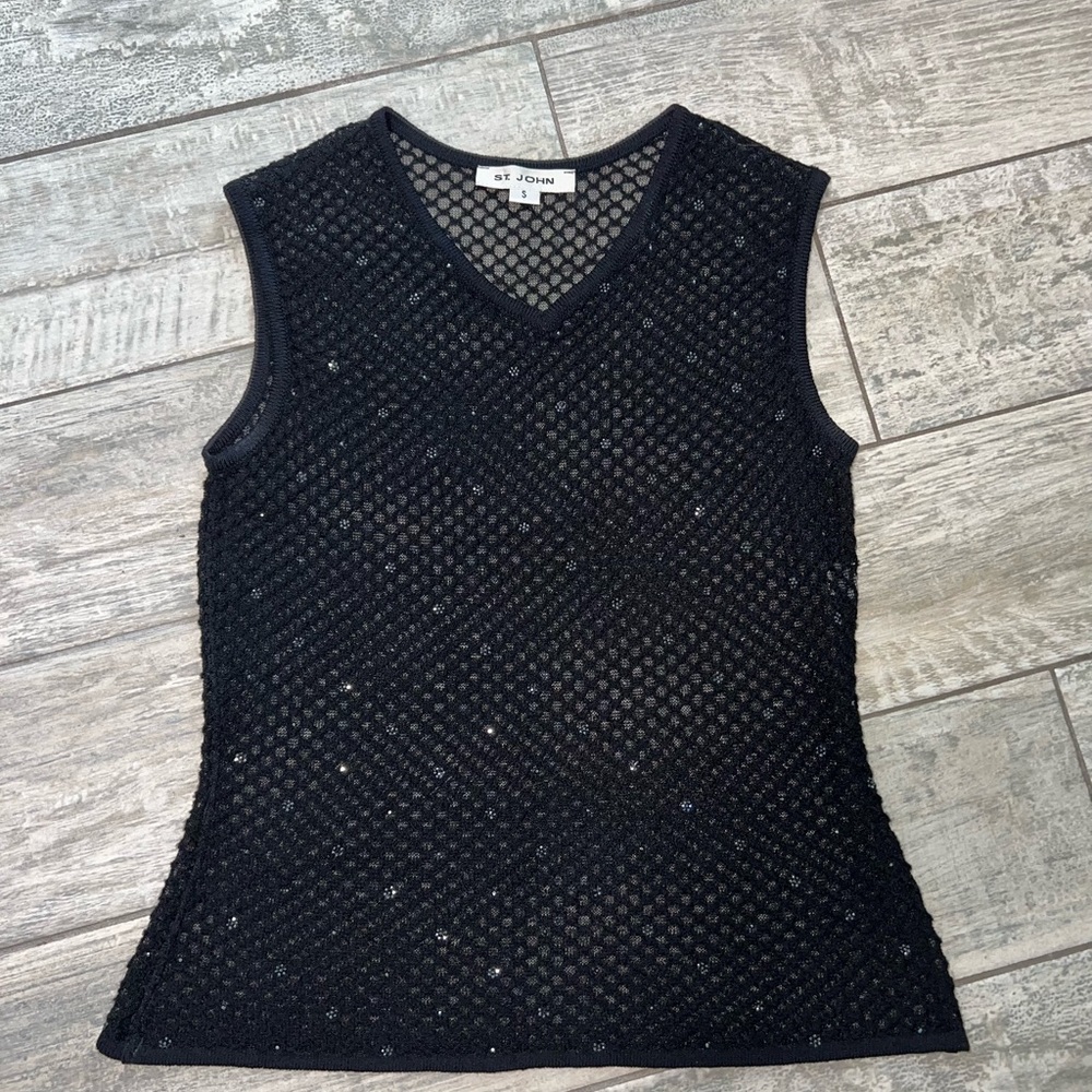 St. John mesh sleeveless top. Black with rhinestone accents. Size S.